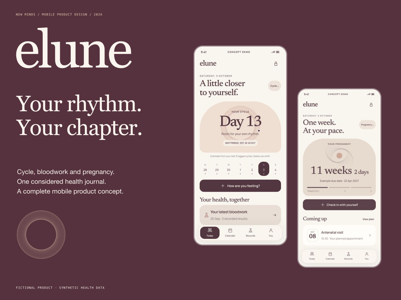 ELUNE women’s health app UX/UI concept with cycle and pregnancy interface examples