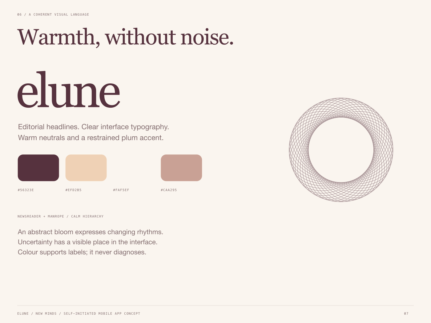 ELUNE visual system: Newsreader and Manrope, plum and warm neutrals, an abstract cycle bloom, text labels alongside colour.