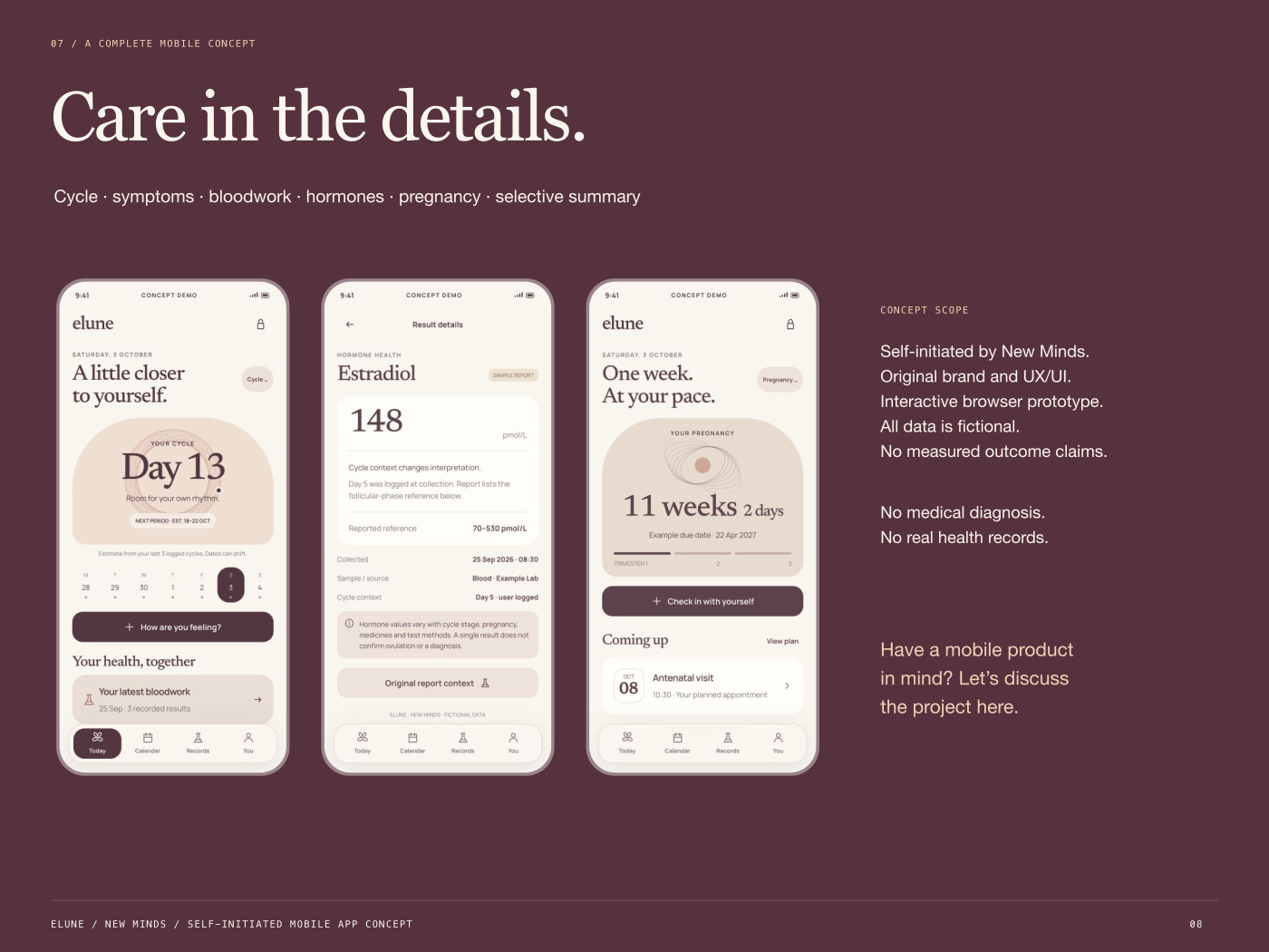 Original mobile concept by New Minds, with accurate scope and synthetic data disclosure.