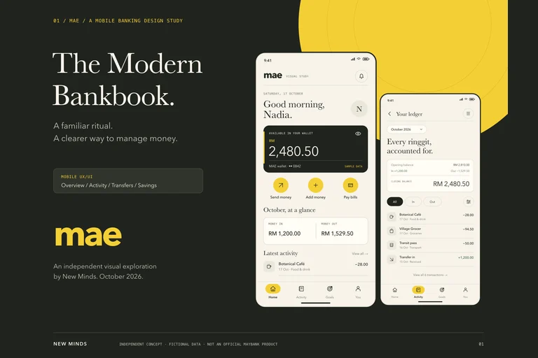 MAE Modern Bankbook independent mobile banking concept with a ledger and an account overview