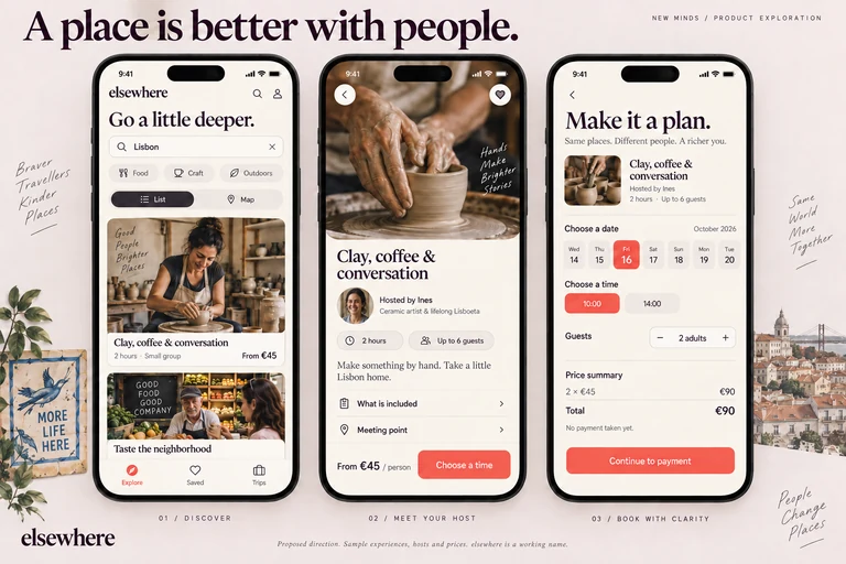 elsewhere design study: discovery, experience detail and booking mobile screens