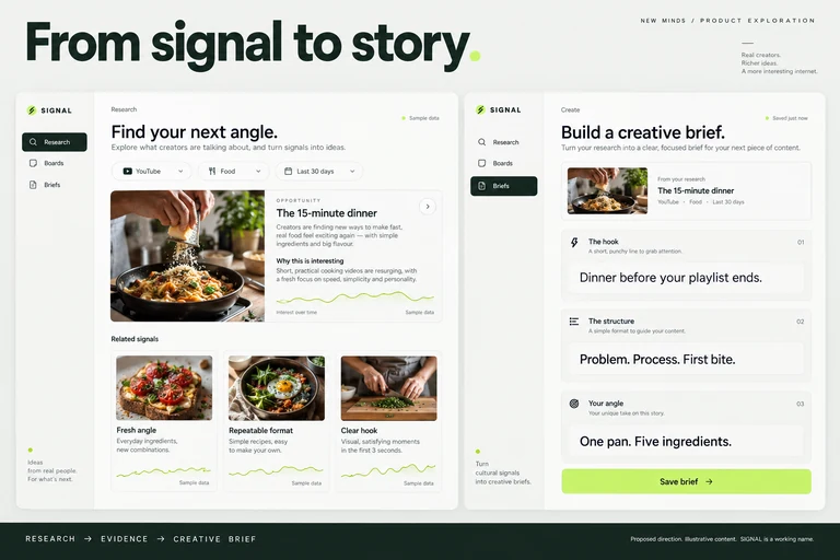SIGNAL design study: creator research and creative brief desktop screens