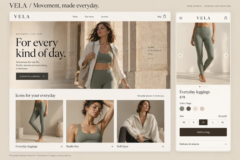 VELA design study: editorial homepage and mobile product page