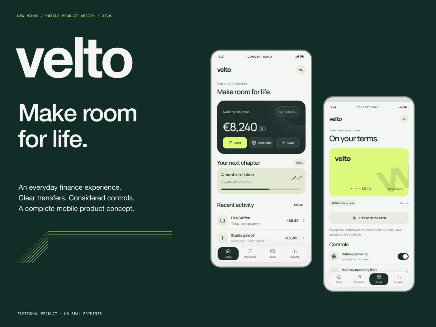 VELTO fintech app UX/UI concept showing accounts and card controls