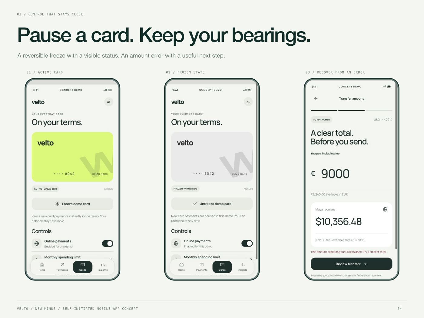 Active and frozen card states plus a transfer amount exceeding the available balance. No real banking functions are connected.