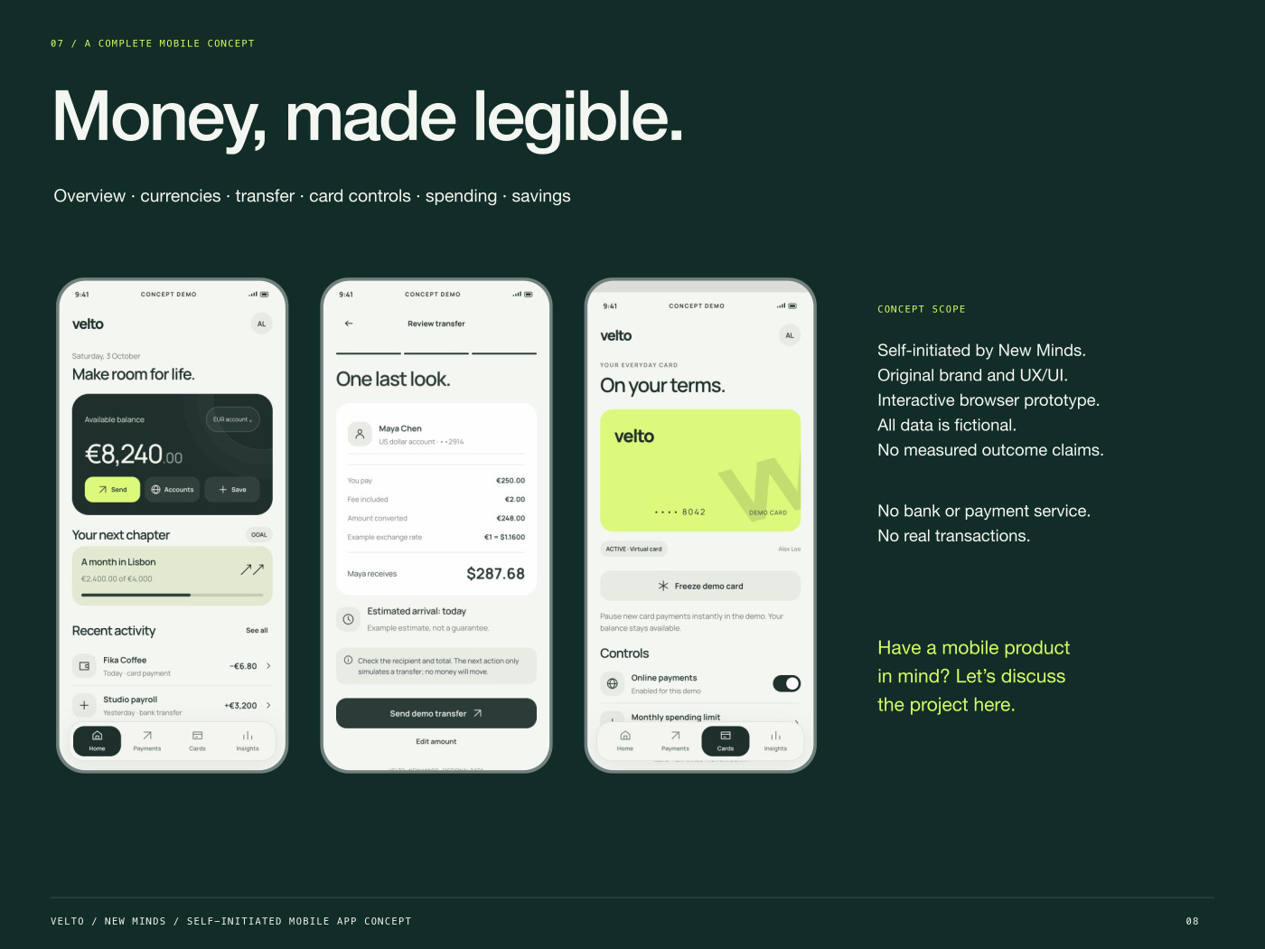 Original mobile concept by New Minds, with accurate scope and synthetic data disclosure.